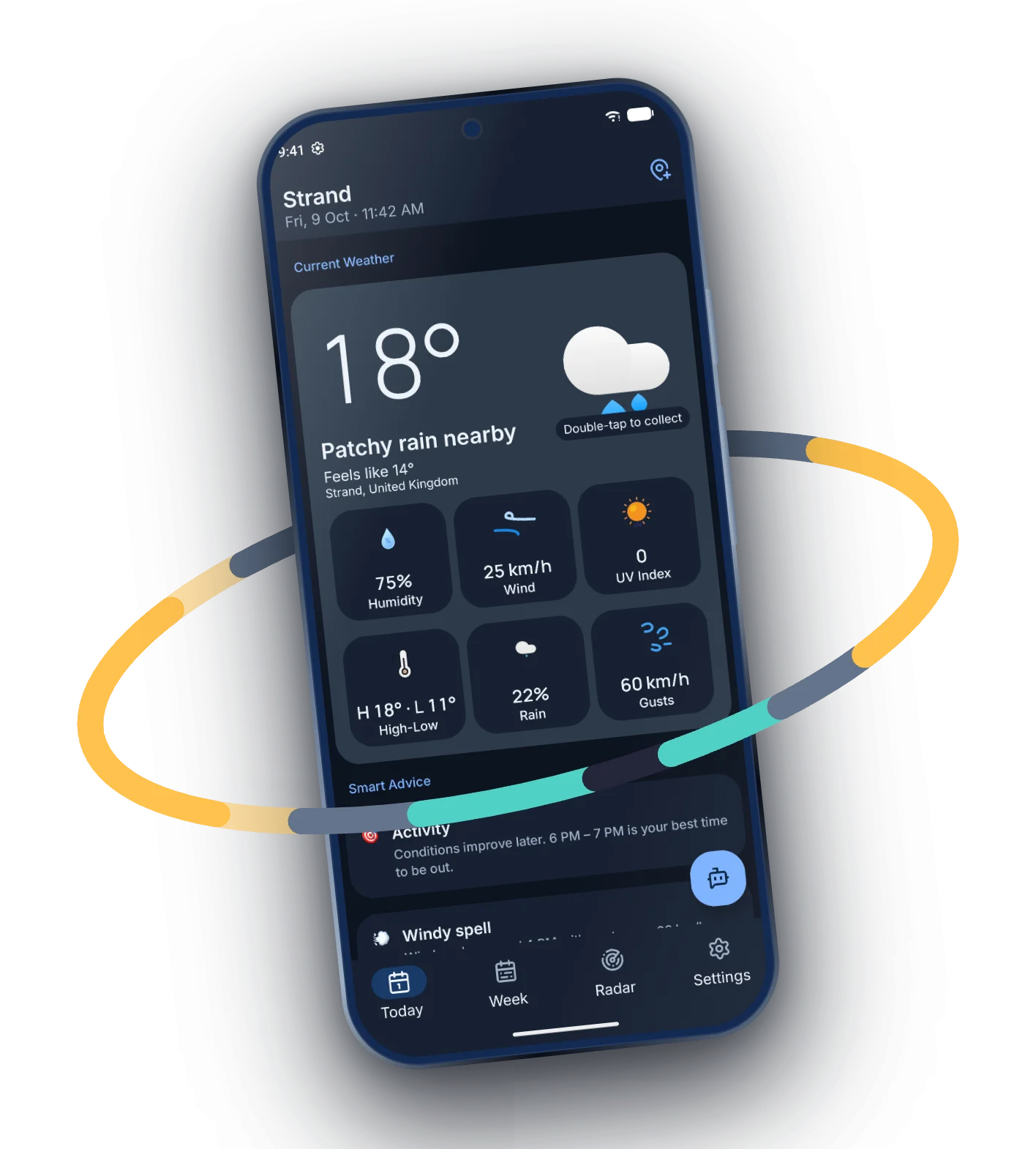 The app's Today screen on a phone: 18° with patchy rain nearby in central London, feels like 14°, with the weather ribbon wrapped around the phone.